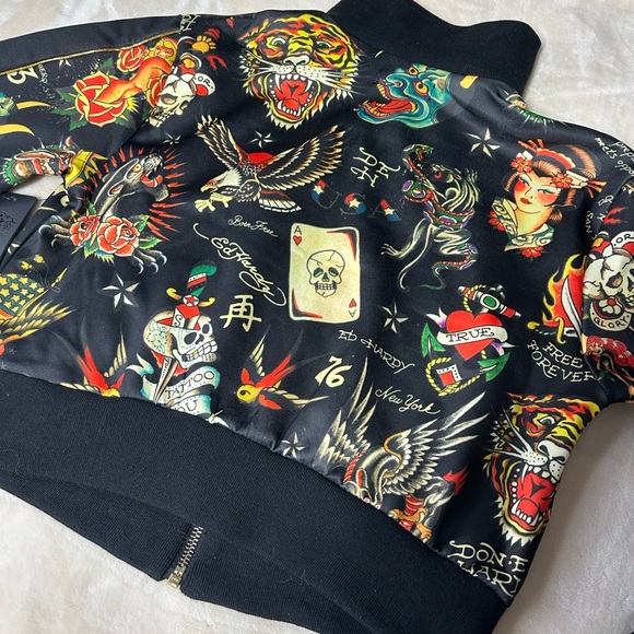 New ED HARDY SHRUNKEN CROPPED FLASHBOARD BLACK TRACK JACKET -WOMENS SMALL - Picture 5 of 14